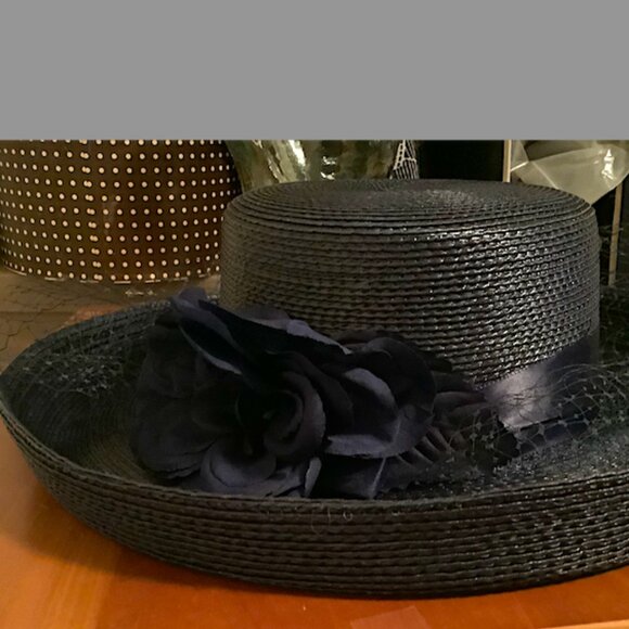 Dark Navy/Black medium brim  hat with flowers, netting and bows details on top main image 5